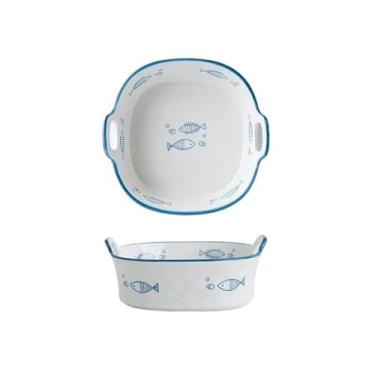 Imagem de Assadeira, fritadeira, tigelas de panificação, tigela de cerâmica de orelha dupla para uso doméstico, prato especial, tigela de sopa, utensílios de mesa, caçarola para forno (azul)