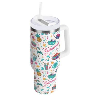 Imagem de Blueangle Copo isolado de máscara de carnaval de 850 g com alça e tampa de palha, caneca de viagem reutilizável de aço inoxidável (1011)
