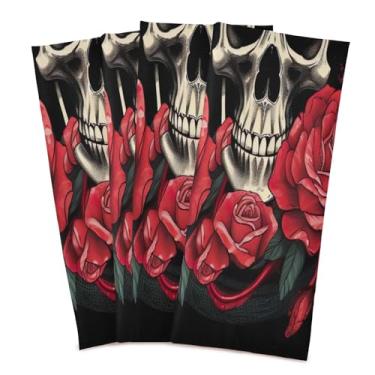 Imagem de Wassud Toalhas de cozinha caveira com rosas vermelhas panos de prato de cozinha pacote com 4 panos de prato macios com laço para pendurar toalha de mão de secagem rápida super absorvente toalhas de