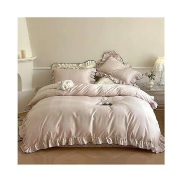 Imagem de x3anggyt5 Conjunto de cama de luxo estilo princesa de algodão egípcio com babados, borda preta, conjunto de edredom jacquard para todas as estações (Queen 200 x 230 cm 4 peças)