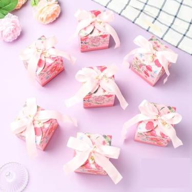 Imagem de Echoed Elegance 20 caixas de presente quadradas estampadas florais, azul de aço claro com contas e fitas de imitação de pérolas para embrulho de presente e artesanato artesanal (violeta pálido