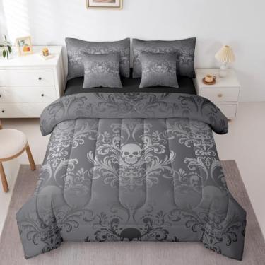 Imagem de Conjunto de edredom solteiro damasco preto para adultos, decoração antiga, gótico, 7 peças, boêmio, vintage, floral, exótico, crânio de açúcar, decoração em uma bolsa, osso gótico, decoração de