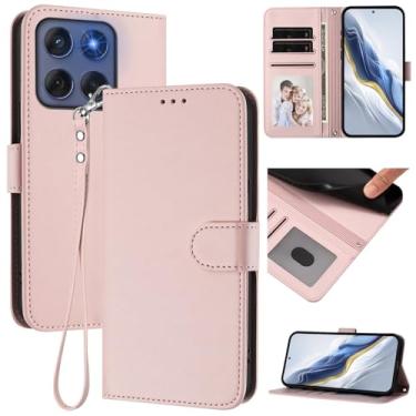 Imagem de Capa carteira compatível com Motorola Moto Edge 60, capa de telefone fina de couro com compartimentos para cartões, alça de pulso e suporte, capa protetora à prova de choque para homens e mulheres