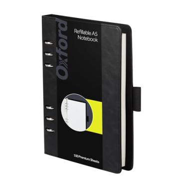 Imagem de Caderno profissional Oxford de 6 anéis, 18 x 23 cm, recarregável, papel marfim, 100 folhas, capa preta de couro sintético (90004)