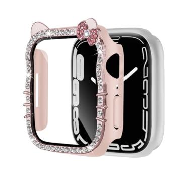 Imagem de Capa de desenho animado de gato com strass compatível com Apple Watch 11/10/9/8/7/6/5/4/SE, capa protetora transparente para séries 40 mm, 41 mm, 42 mm, 44 mm, 45 mm, 46 mm, feminino (areia rosa