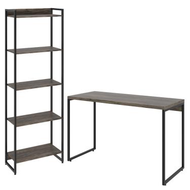 Imagem de Kit Estante Areta 5 Prateleiras com Mesa Industrial Aspen 120cm C01 Carvalho Dark - Lyam Decor