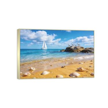Imagem de Impressão em tela de paisagem pronta para pendurar - praia mar barco - pintura de arte de parede - decoração de casa moderna imagem moldura prata 20 x 30 cm 8 x 12 pol