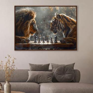 Imagem de Quadro Decorativo em Canvas Premium Leão vs Tigre Jogando Xadrez Sala Escritório 100x70 (01, Tabaco, 100x70)