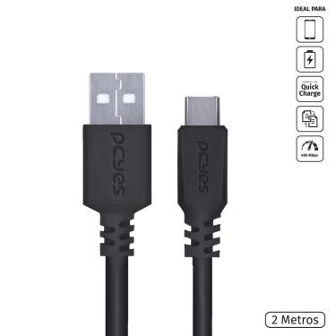 Imagem de Cabo Para Celular Smartphone Usb A 2.0 Para Usb Tipo C Para 2 Metros Preto - Puacp-02