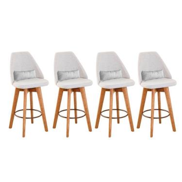 Imagem de Kit 04 Banquetas Alta Maya Giratória Com Encosto Linho Bege Claro e Almofada Corino Branco - Aurora Line