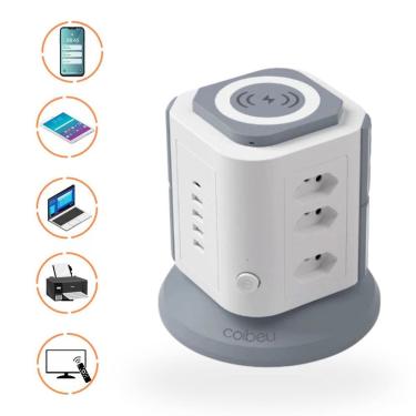 Imagem de Filtro de Linha Carregamento por Indução 9 Tomadas 4 USB-A 1 USB-C Retardante à Chamas Proteção Contra Sobrecarga