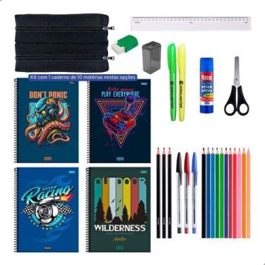 Imagem de Kit Material Escolar Caderno 10 Materias Masc/Fem Estojo Duplo + Itens