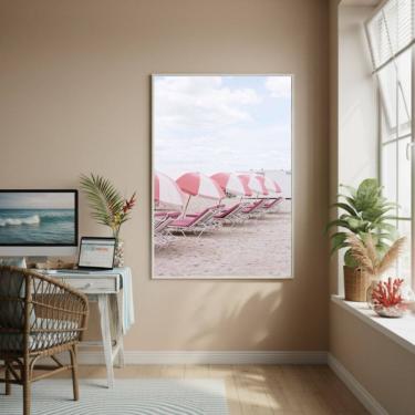 Imagem de Quadro Decorativo Praia Com Guarda-Sóis Rosas-70x50cm