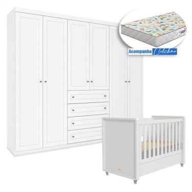 Imagem de Berço Tutto New com Guarda Roupa Americano 6 Portas Branco Fosco e Colchão Gazin - Matic