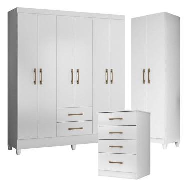 Imagem de Guarda Roupa Casal Panamá com Cômoda MS913 e Armário Multiuso New Íris Branco Brilho– M...