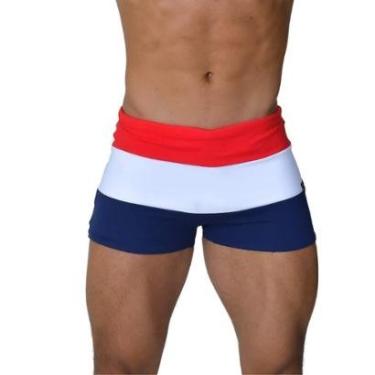 Imagem de Sunga Adulto Boxer Moda Praia Tricolor Vermelho Branco e Azul Marinho Proteção UV-Mascu...