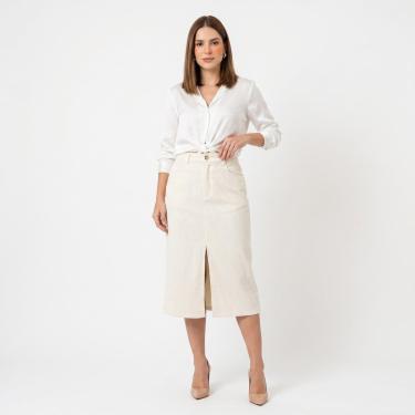 Imagem de Saia Midi Veludo Cotelê Ouzzare Creme Elegante ZZ80809-Feminino