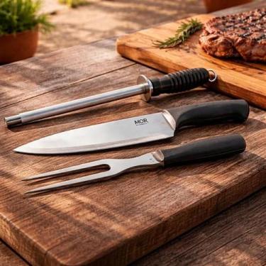 Imagem de Kit Churrasco 3 Peças Faca Garfo E Chaira De Aço Inox Mor
