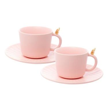 Imagem de Conjunto 2 Xícaras de Chá de Cerâmica com Pires Colibri Rosa 170ml Wol