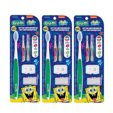 Imagem de Kit Escova de Dente Ortodôntico Gum Bob Esponja para Cuidados com Aparelho Fixo com Acessórios Kit com 3 Unidades