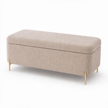 Imagem de Puff Baú Bella Reto Linho Bege com Pés em Aço Dourado Sallar Home 90CM