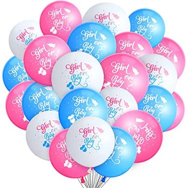 Imagem de 60 balões de revelação de gênero para meninas ou meninos em látex para festa reveladora de chá de bebê em branco, rosa e azul, balões para decoração de festa de revelação de gênero para chá de bebê, festa de aniversário de revelação de gênero