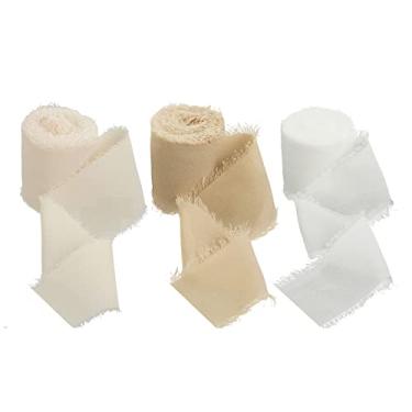 Imagem de segolike 3 feitos à mão com franja de chiffon semelhantes a seda, requintada faixa para embalagem convites de casamento buquês, Branco + Bege