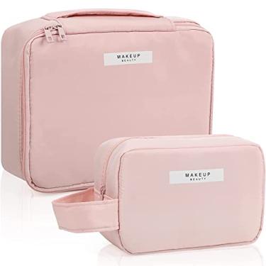 Imagem de 2 peças bolsa de maquiagem bolsa de cosméticos organizador de maquiagem portátil multifuncional bolsa de maquiagem de viagem de nylon organizador bolsa de higiene à prova d'água (rosa)