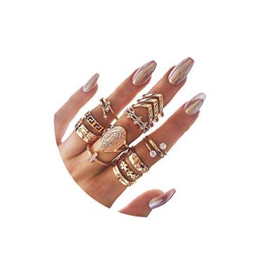 Imagem de Anéis empilháveis de articulação para mulheres e adolescentes com 6 a 16 peças, anéis de dedo vintage Boho empilháveis ouro prata midi conjunto de anéis com vários anéis tamanho 5-10, cobre, Strass