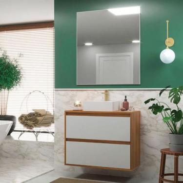 Imagem de Gabinete Para Banheiro Com Cuba E Espelheira 80cm Mdf Nogal Com Branco