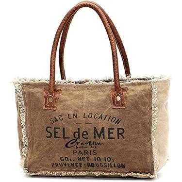 Imagem de CLA Bags Sel De Mer Bolsa de mão de lona reciclada em lona reciclada e bolsa de couro bovino, lona reciclada e bolsa de couro bovino, Caqui, Bolsa de mão