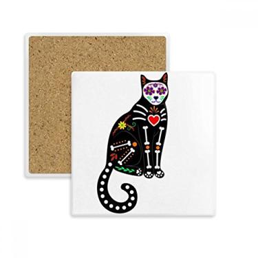 Imagem de Tapete de porta-copos quadrado com motivo de osso de gato preto para dia das bruxas, atmosfera de terror