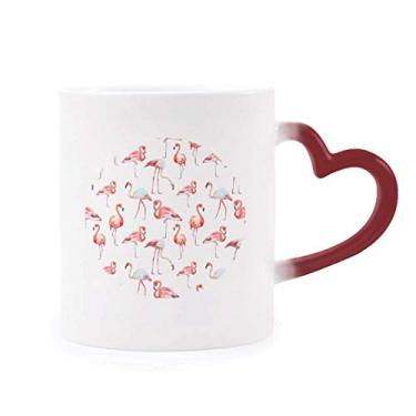 Imagem de Caneca de grés com estampa de flamingo rosa branca sensível ao calor vermelha que muda de cor