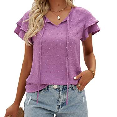 Imagem de Camisetas casuais femininas, gola redonda, manga curta, manga curta, pulôver, blusa de verão, roxo, GG (busto: 114 cm)