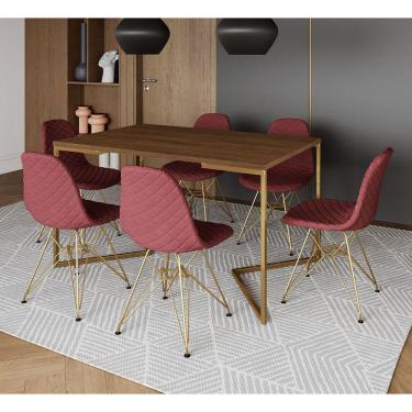 Imagem de Mesa Industrial Retangular Amêndoa Base V Dourada 137x90cm 6 Cadeiras Dourada Estofadas Vermelhas