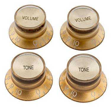 Imagem de Musiclily Pro Tamanho Métrico 18 Splines Reflector Knobs Guitarra Top Hat 2 Volume 2 Tone para Estilo Les Paul SG, Dourado com Topo Dourado(4 Peças)