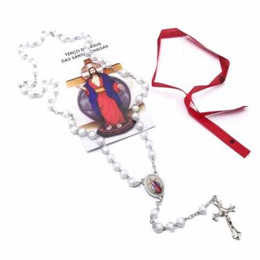 Imagem de Terço Cristal Transparente Santas Chagas Com Folheto de Oração