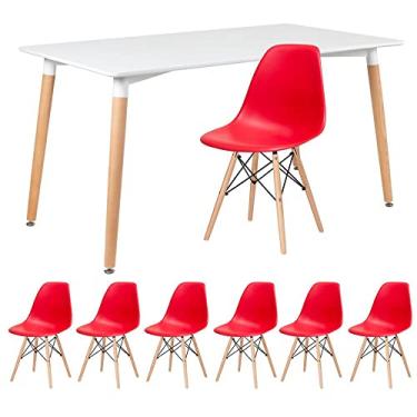 Imagem de Loft7, Kit - Mesa de jantar retangular Eames 80 x 140 cm branco + 6 cadeiras Eiffel Dsw Vermelho