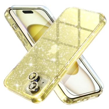 Imagem de Choiche Capa compatível com iPhone 15 Plus, capa feminina fofa e brilhante com glitter, [2 protetores de lente de câmera de diamante] [2 protetores de tela de vidro temperado] 6,7 polegadas (amarelo