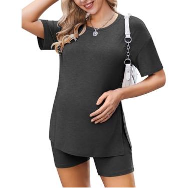 Imagem de Ekouaer Pijamas femininos para gestantes 2 peças roupas de manga curta camisas e shorts loungewear gravidez roupas de mamãe, Cinza escuro, Small
