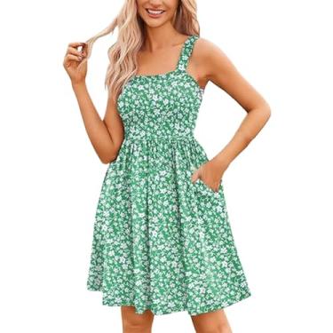 Imagem de Vestido feminino fashion casual verão decote quadrado alça floral vestidos vintage para mulheres, Verde, M