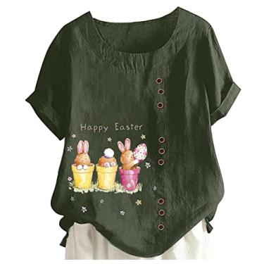 Imagem de Camiseta feminina de linho de Páscoa, estampa de coelho, manga curta, túnica, gola redonda, caimento solto, blusa casual, Verde, 3G