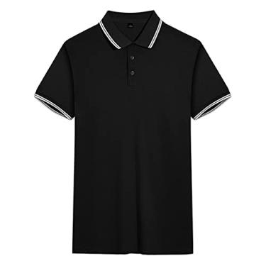 Imagem de Polos de golfe masculinos, camisas táticas de poliéster com gola listrada, cor sólida, absorção de umidade leve, ajuste regular, secagem rápida, esporte(Color:Black,Size:S)