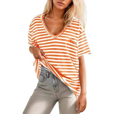 Imagem de Camiseta feminina de verão com estampa listrada de manga curta e gola V, casual, solta, ombro caído, túnica básica, Laranja, P