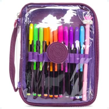 Imagem de Estojo Escolar Feminino Masculino Grande Transparente Ziper Resistente Papelaria Fofa Infantil Lápis Canetas Lapiseiras Borrachas Apontadores (Roxo)