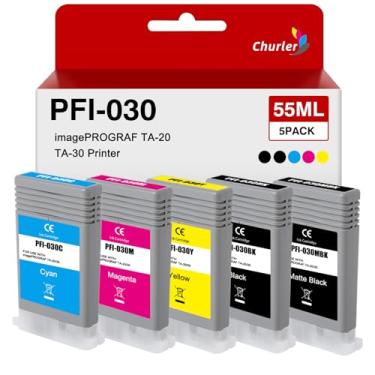 Imagem de Cartucho de tinta PFI-030 55 ml compatível com PFI-030MBK PFI-030BK PFI-030C PFI-030M PFI-030Y Substituição para impressora Canon imagePROGRAF TA-20 TA-30 (5 peças, preto fosco, preto ciano magenta