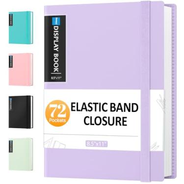 Imagem de Sooez Fichário de 72 bolsos com mangas de plástico e faixa elástica, grande capacidade de 21 x 27 cm, 144 páginas, pasta de documentos de portfólio de arte com protetores de folha transparentes para