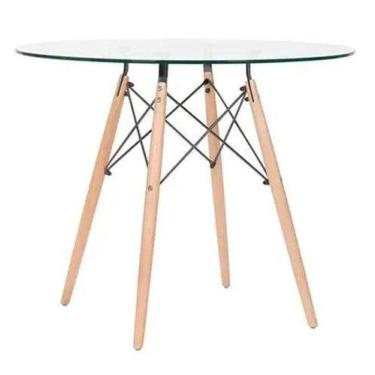 Imagem de Mesa Eames Eiffel Redonda Tampo de Vidro 90cm com base de Madeira - Ho
