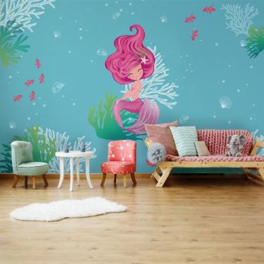 Imagem de Papel de Parede Sereia Rosa Fundo do Mar Quarto Infantil 9m² - Quartin