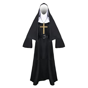 Imagem de HORNIGHT Fantasia de freira do filme de terror Valak preto uniforme de freira colar de cruz tamanho adulto, Preto, branco, GG